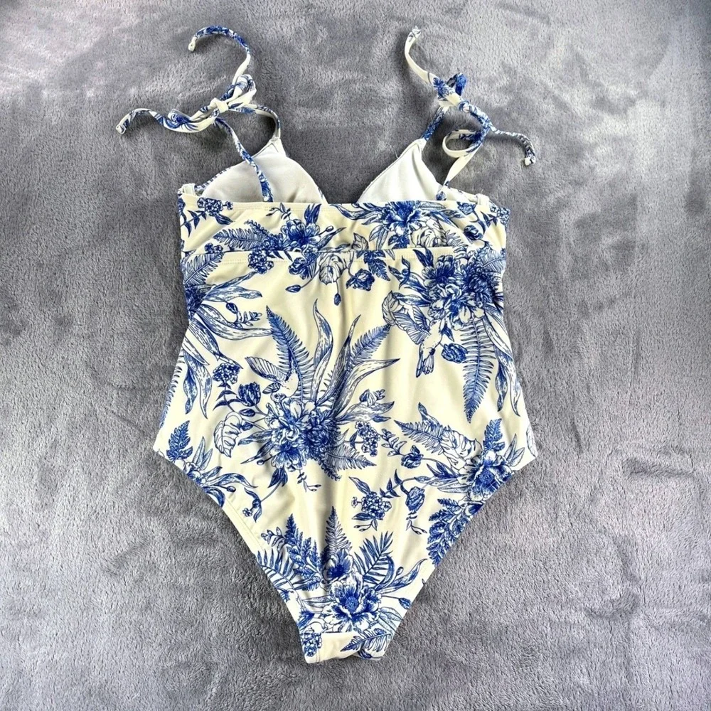 One Piece Swimsuit M Blue Cream Toile Floral Tie Strap Coastal Botanical Toile